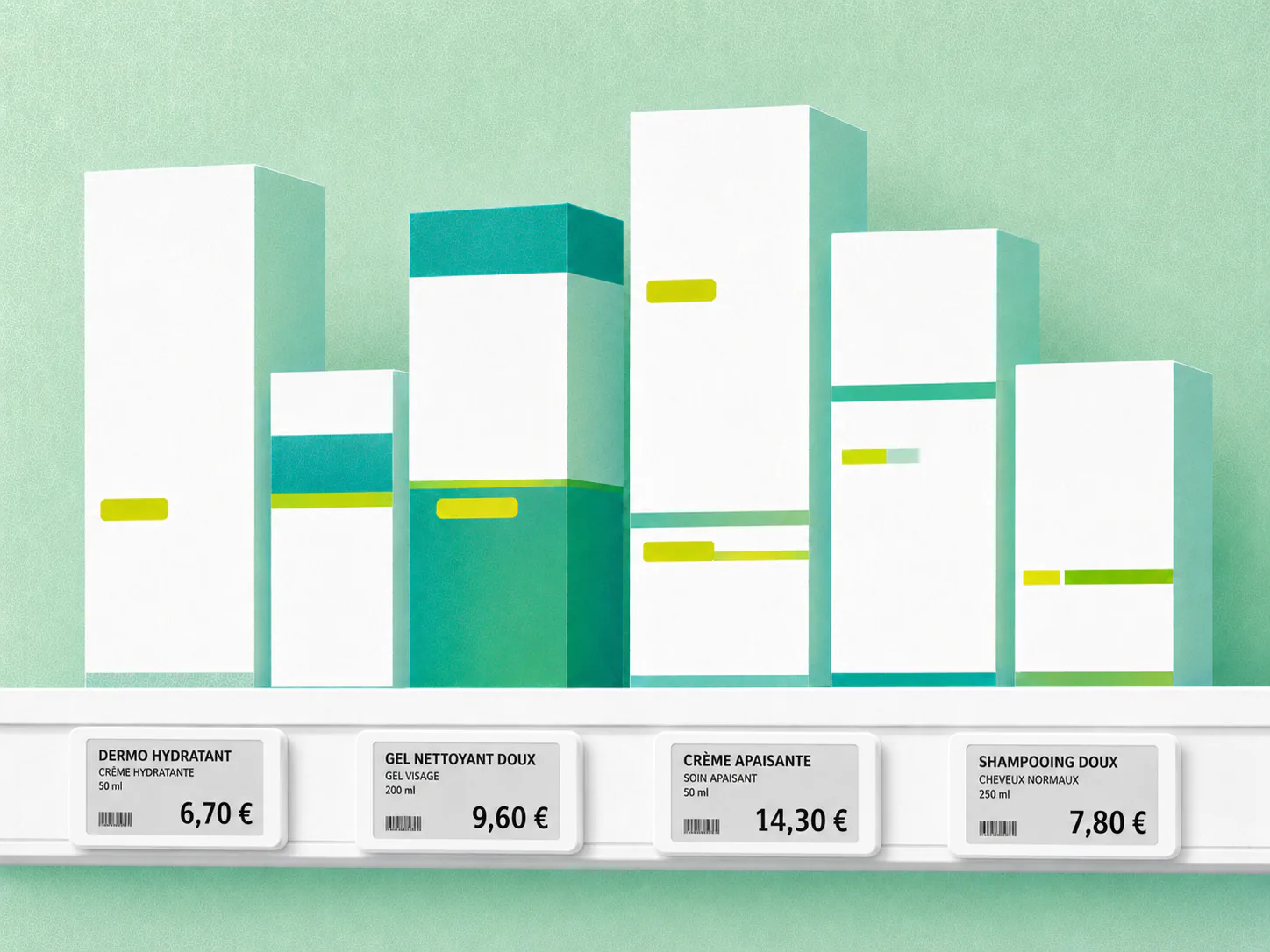 Étiquettes électroniques affichées sous les produits d'un rayon de pharmacie