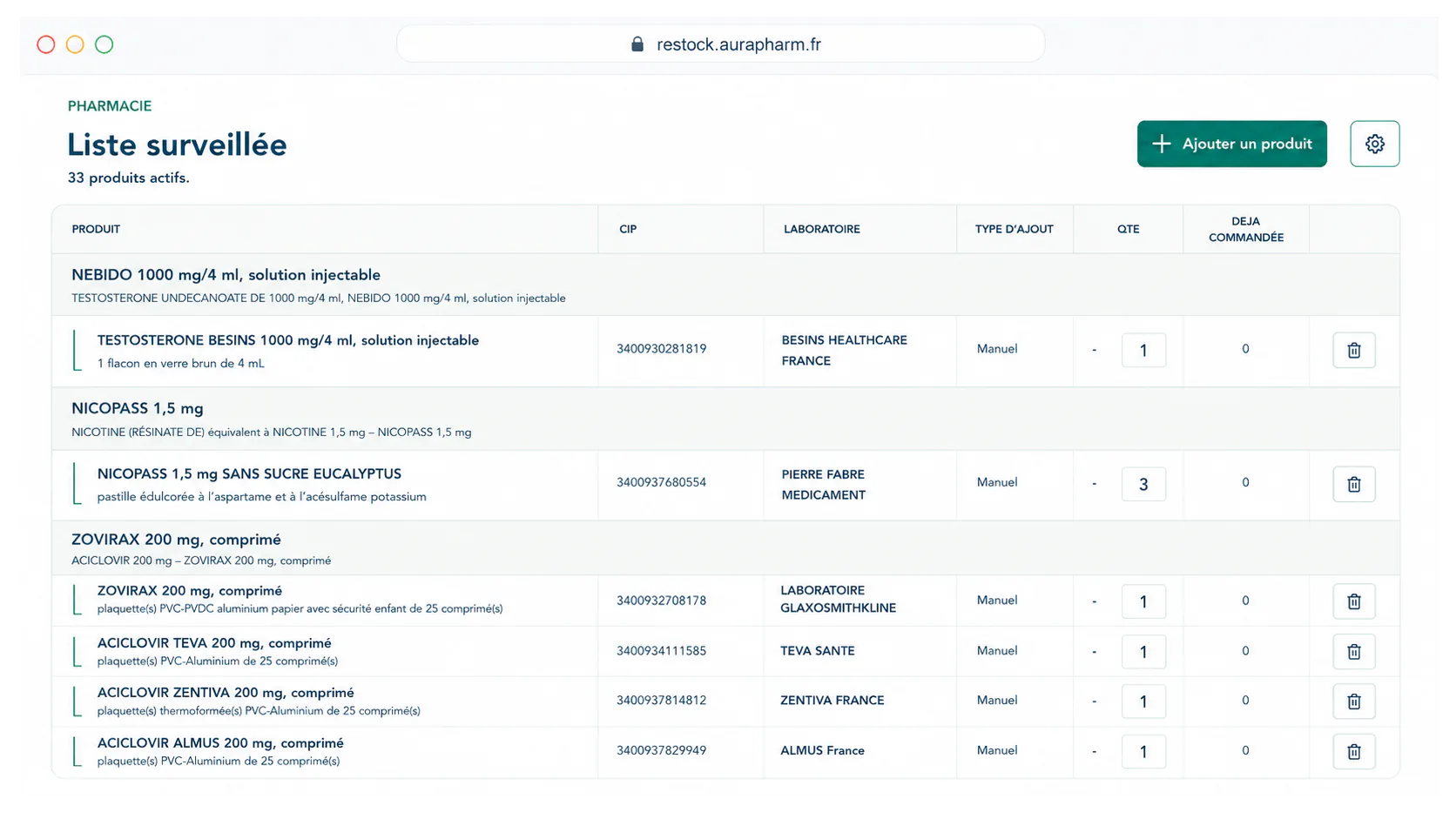Interface Aura Pharm présentant la liste des produits surveillés et leurs quantités à commander